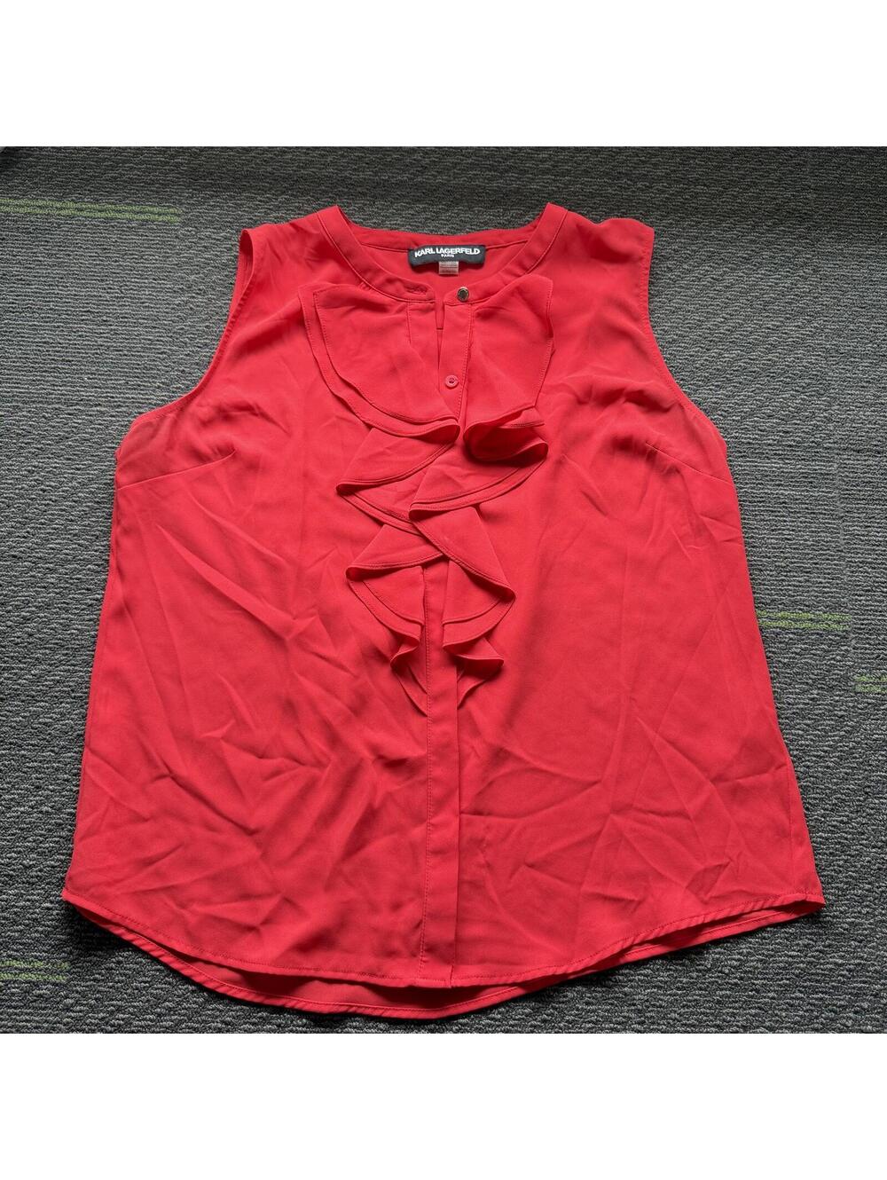 Karl Lagerfeld Paris, Red Sakeri Ruffle Detail Sleeveless Blouse Size XL